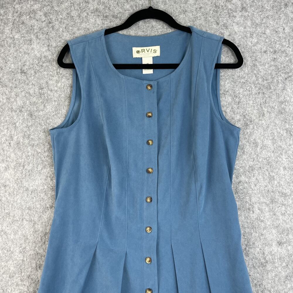 Orvis Dress Womens 10 Blue Button Front Sleeveless Pleated Midi Modest Casual - Picture 2 of 13